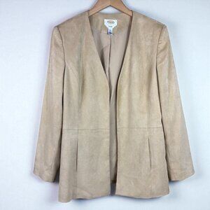 Talbots Womens Sz 14 Lined Long Sleeves Tan Open Front Blazer Jacket Suede Faux
